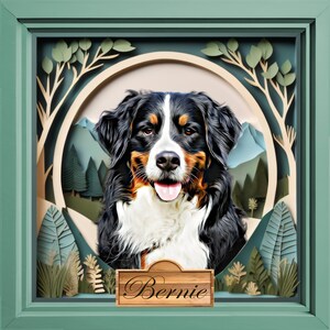 May include: A black and white Bernese Mountain Dog with a name tag that reads "Bernie" is pictured in a papercraft frame. The frame features a forest scene with mountains and trees.