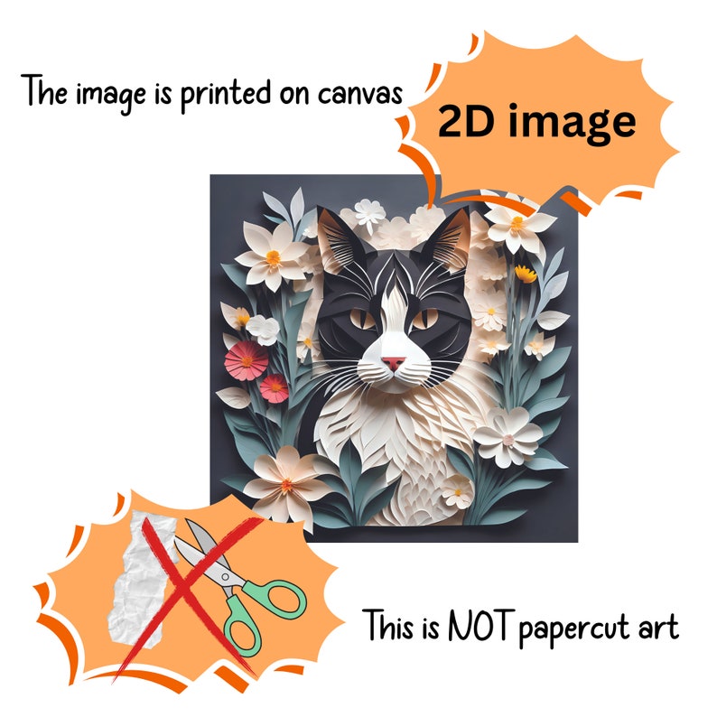 Svartvit katt bland blommande blommor - Livfull blommig och kattliknande canvastavla för heminredning i pappersklippsimitationsstil bild 2