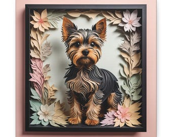 Lienzo estampado floral en tonos pastel con Yorkshire Terrier, arte de Yorkie de estilo vintage.