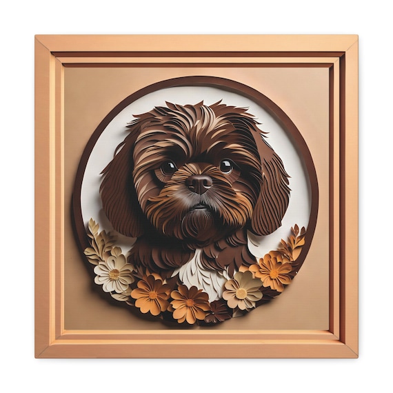 Brown Shih Tzu Canvas Print, 3D Faux Frame Effect, Floral Dog Art, Cozy Pet Decor, Perfect Gift for Shih Tzu Lovers and Parents