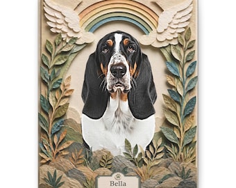 May include: A framed portrait of a Basset Hound dog named Bella, with a black, white, and brown coat. The artwork features a rainbow, angel wings, and foliage in a layered, textured style, creating a 3D effect.