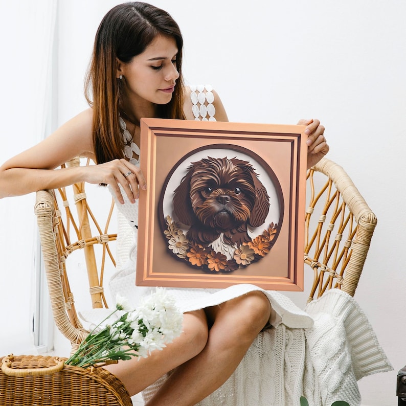 A woman holding a faux framed portrait of a Shih Tzu surrounded by colorful flowers in a layered paper art imitation style. Strong 3D effect. Perfect Shih Tzu mom gift.