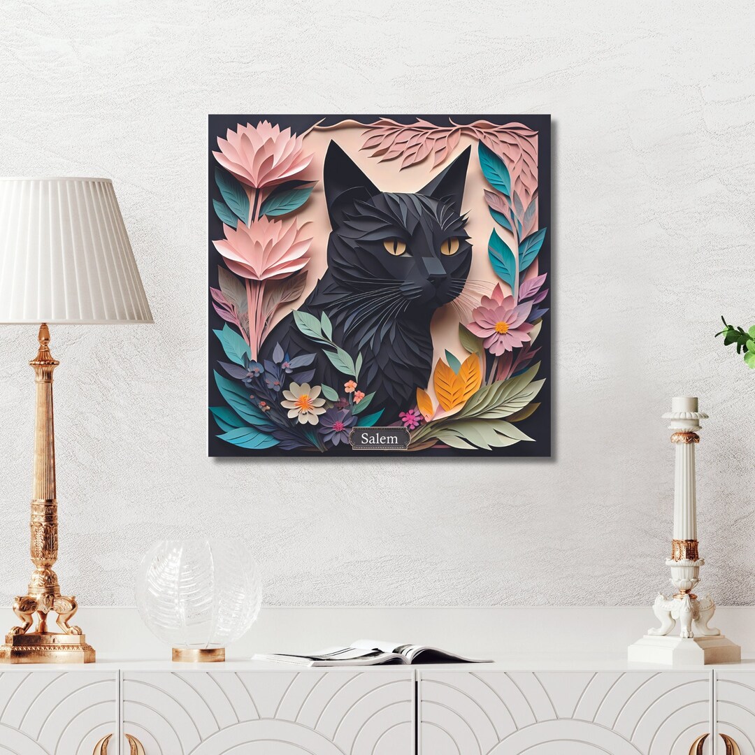 Elegant Black Cat in Vibrant Floral Design Canvas Print - 3D Illusion ...