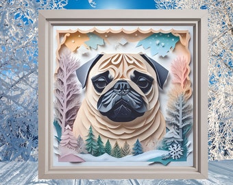 Pug Winter Wonderland Portrait, Papercut Imitation Dog Lover Wall Art, Dog Owner Gift, Pug Mom or Dad Gift, Animal Shelter Decor