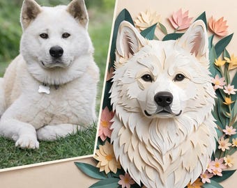 Impression sur toile portrait d'animal de compagnie personnalisé, style imitation papier découpé, cadeau pour amoureux des chats ou des chiens