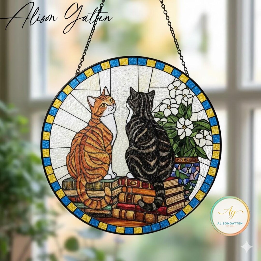 Orange & Tabby Cat Stained Glass Suncatcher: Book Lover Window Decor ...