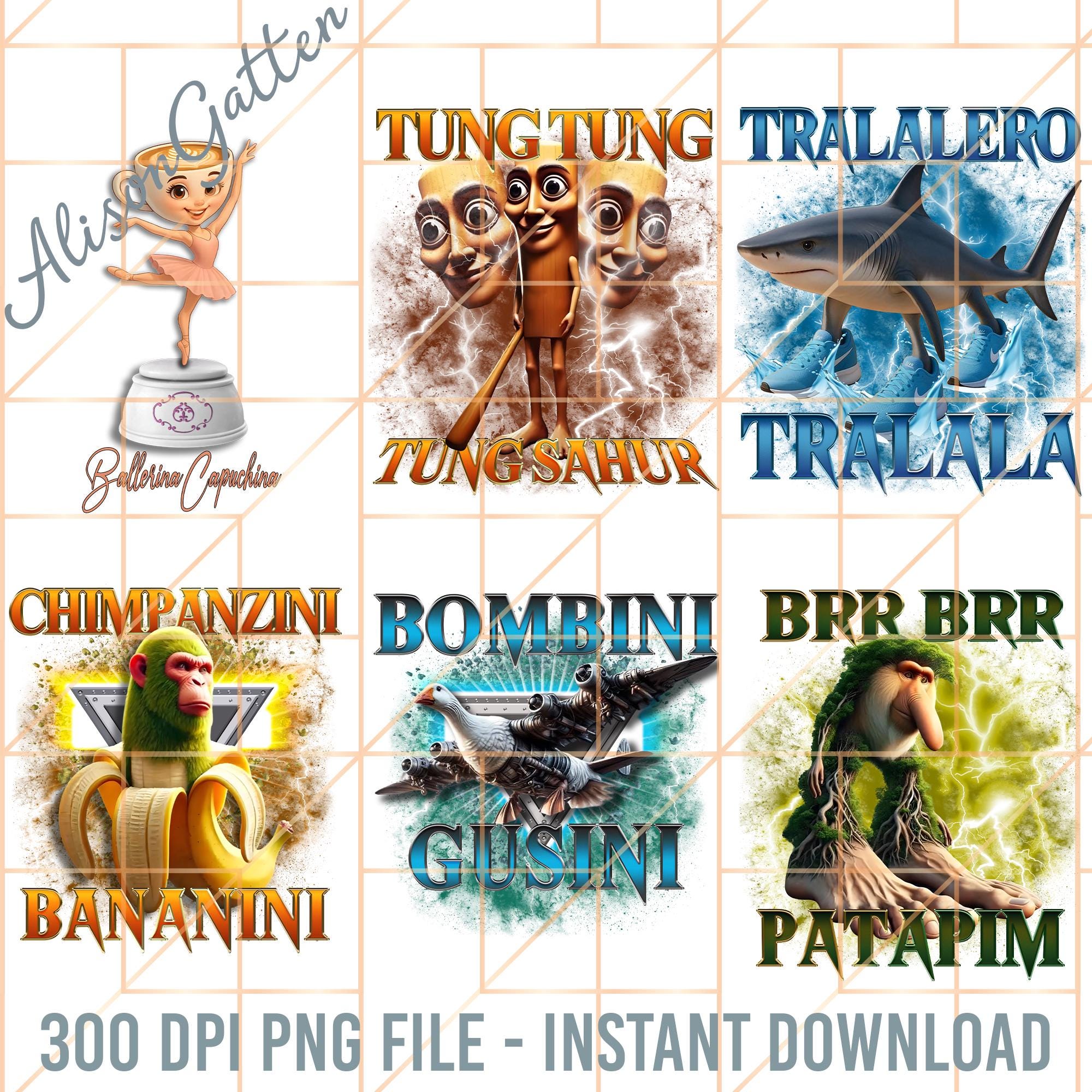 Brainrot Png Bundle, Bombini Gusini Png, Funny Ramadan Character Png, Sahur Alarm Cartoon Png, Dank Memes Png, Trendy Design