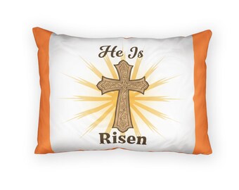 He Is Risen cross pillow sham | Easter Christian decor, orange border
