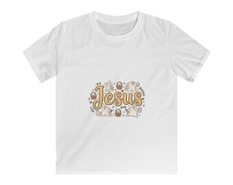 Jesus floral script Kids Tee | Christian faith, pastel flowers, bunnies and easter eggs, children,