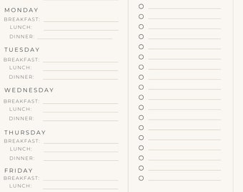 May include: A printable weekly meal planner with a grocery list and budget section. The planner includes space to write in meals for each day of the week, Sunday through Saturday.