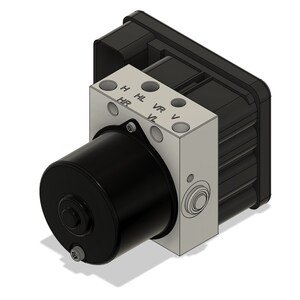 Op de afbeelding: Een zwart en grijs automotive remsysteem met een ronde motor en een rechthoekige besturingseenheid. De besturingseenheid heeft labels voor de voor- en achterwielen links en rechts: HL, HR, VL, VR.