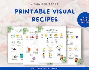 May include: Four printable visual recipes for summer treats: Frosty Mango, Sparkling Unicorn, The Chimping Mix, and Stick Bites. Each recipe features colorful illustrations and a list of ingredients and steps.