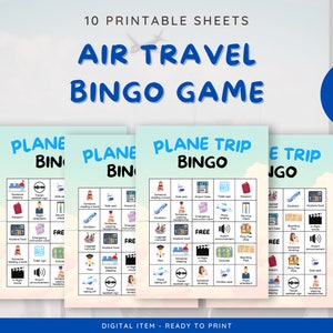Cartões de bingo para viagem de avião para impressão - Conjunto de 10 - Jogo de viagem divertido e envolvente para crianças