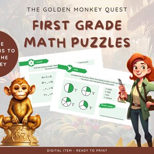 May include: A printable worksheet for first grade math puzzles. The worksheet features a monkey, a flower, and a bird. The worksheet includes math problems to solve and a secret word to find.
