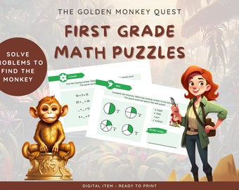 May include: A printable worksheet for first grade math puzzles. The worksheet features a monkey, a flower, and a bird. The worksheet includes math problems to solve and a secret word to find.