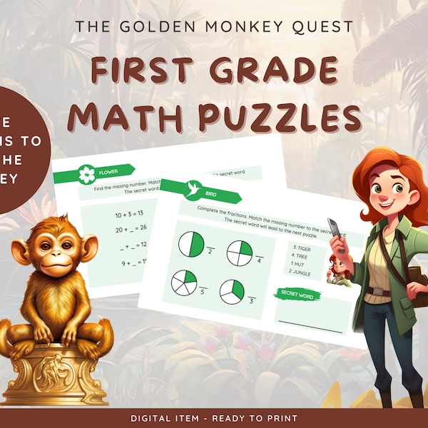First Grade Math Puzzle Quest, Engaging and Interactive Escape Room Experience for Kids, 'The Golden Monkey Quest'