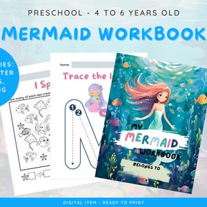 Mermaid Themed Workbook, 10 Educational Activities including Letter Tracing, Math, and Coloring