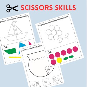 May include: Educational activity sheets for children featuring scissor skills practice. The sheets include outlines of a sailboat, grapes, and a fishbowl, with shapes and images to cut and paste. The text "SCISSORS SKILLS" is displayed in red.
