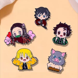 Demon Slayer Pin Set – 5 Piece Chibi Enamel Anime Pins | Tanjiro, Nezuko, Zenitsu, Inosuke, Giyu | Kawaii Collectible Gift for Anime Fans
