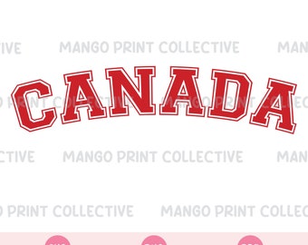 May include: Red and white graphic design of the word "CANADA" in a collegiate font style. The design is perfect for creating t-shirts, mugs, tote bags, and other merchandise.