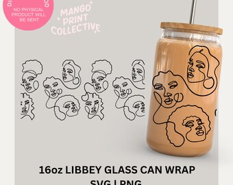 Black Women Minimalist Line Art Libbey Glass Wrap, Svg Cut Files for Cutting /Craft Machines, Great for Sublimation and DTF