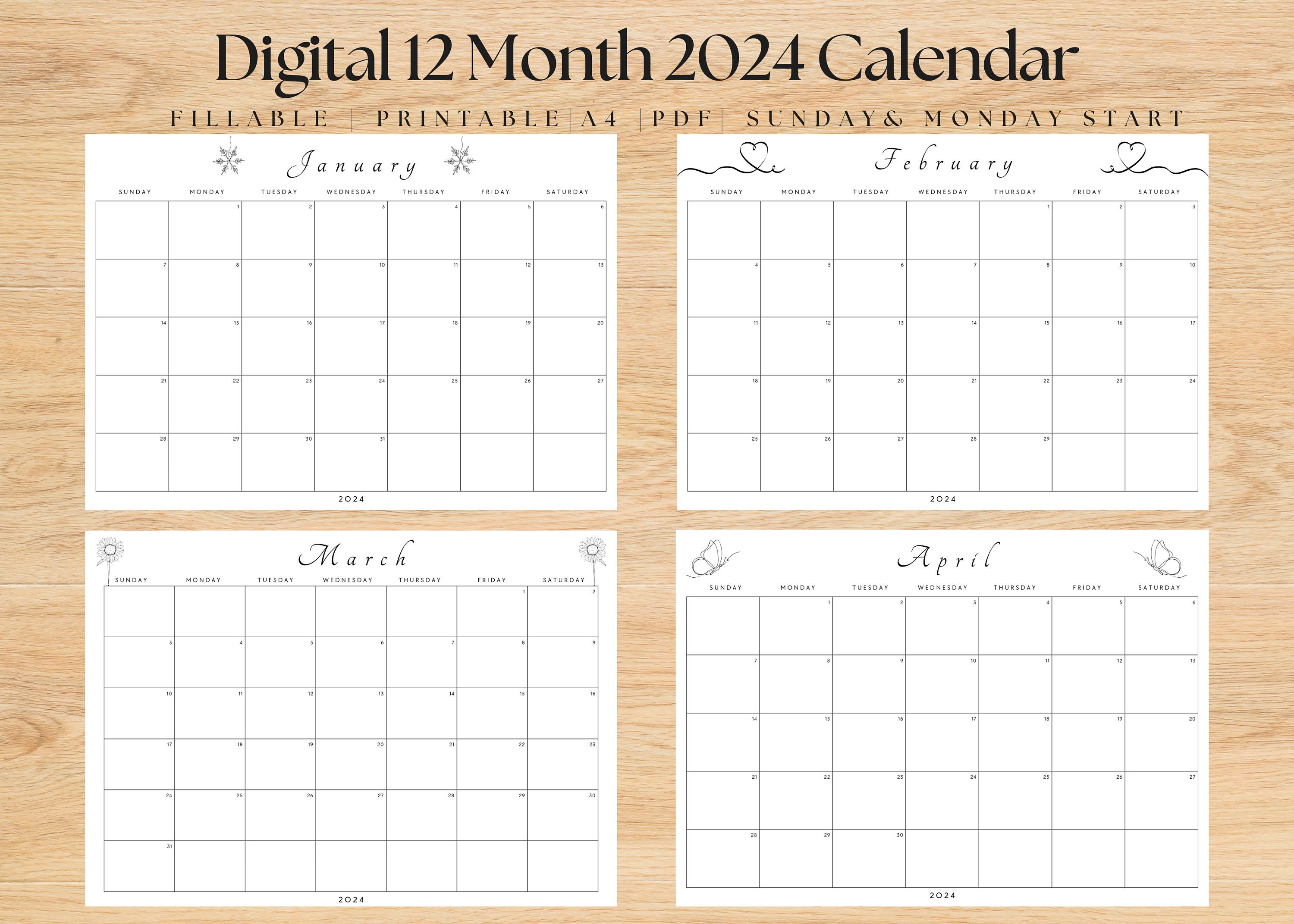 2024 Monthly Calendar Editable 2024 Calendar Printable 2024 Calendar ...