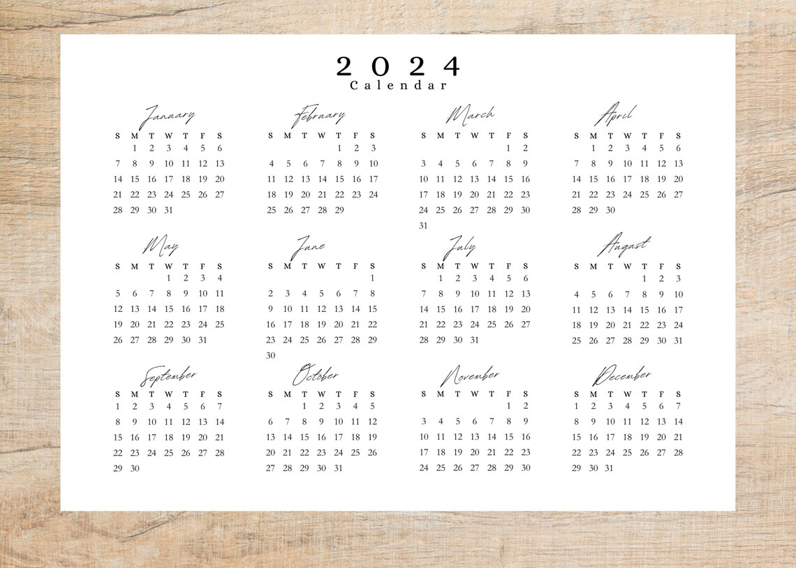 2024 Yearly Calendar Printable 2024 Calendar 2024 Wall Calendar