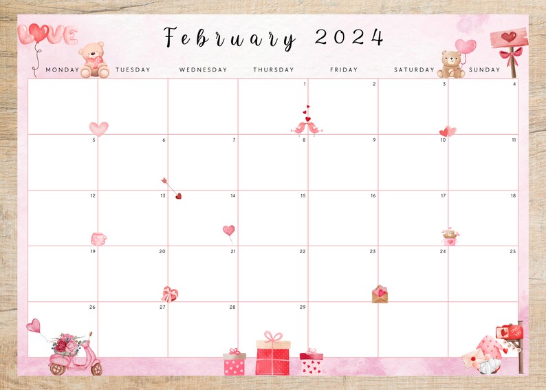Editable February 2024 Digital Calendar Fillable Printable Valentine's