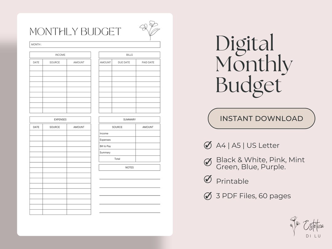 Digital Monthly Expenses & Budget Tracker Printable A4 A5 US