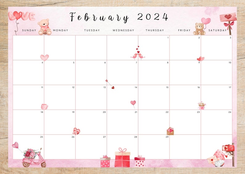 Editable February 2024 Digital Calendar Fillable Printable Valentine's