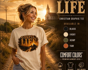 Gospel Life Comfort Colors Shirt | Christelijk vintage grafisch T-shirt | Geloofsgebaseerd kerkshirt | T-shirt uit de Worship Collection