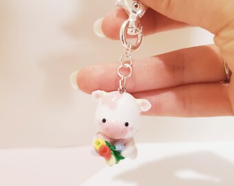 Pinky the Cow, Cow Keychain, Pink/ Strawberry Cow, Polymer Clay Keychain, Handmade and Super Cute!