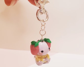 Straw-Nana: Dino Baby Keychain, Dinosaur Keychain with Puffer Jacket Strawberry, Polymer Clay, Handmade, Chumpy.Co