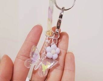 Holographic Butterfly Polymer Clay Flower Keychain with Plastic Pastel Chain Links, Resin, Sparkle, Handmade Charms, Chumpy.Co