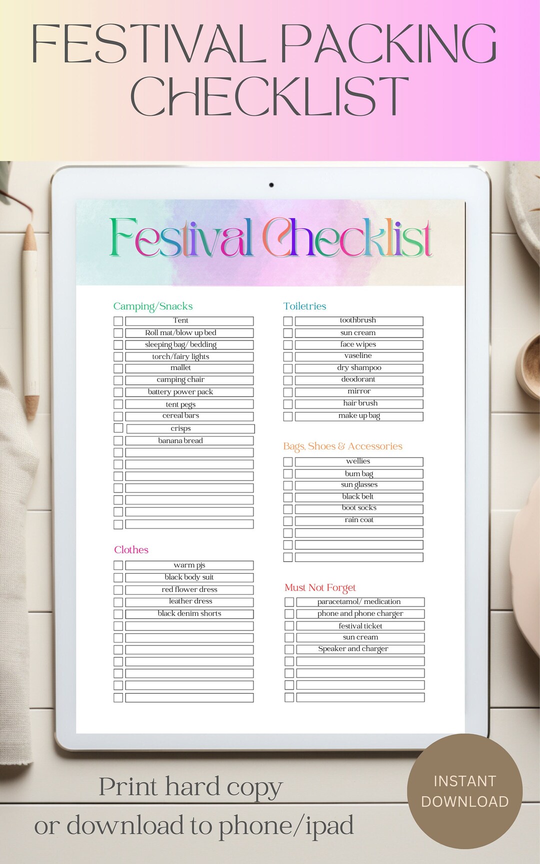 Festival Packing Checklist Festival Outfit Planner Instant - Etsy