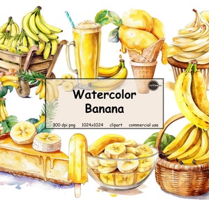 Watercolor Banana Clipart – PNG format transparent background instant download for commercial use
