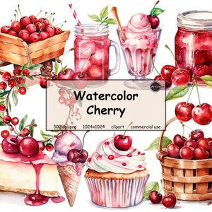 Watercolor Cherry Clipart - PNG format transparent background instant download for commercial use