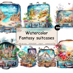 Watercolor Fantasy Suitcases Clipart – PNG format transparent background instant download for commercial use