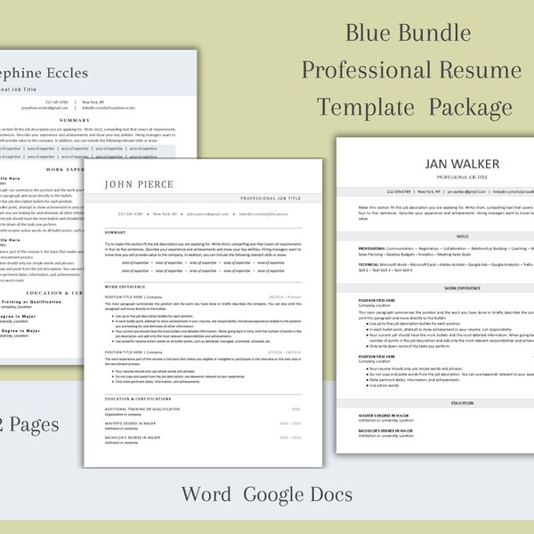 Resume Template Bundle of 3, Blue Bordered/Shading, 1-2 Pages with Cover Letter and References. ATS, Minimalist and Modern, Google and Word