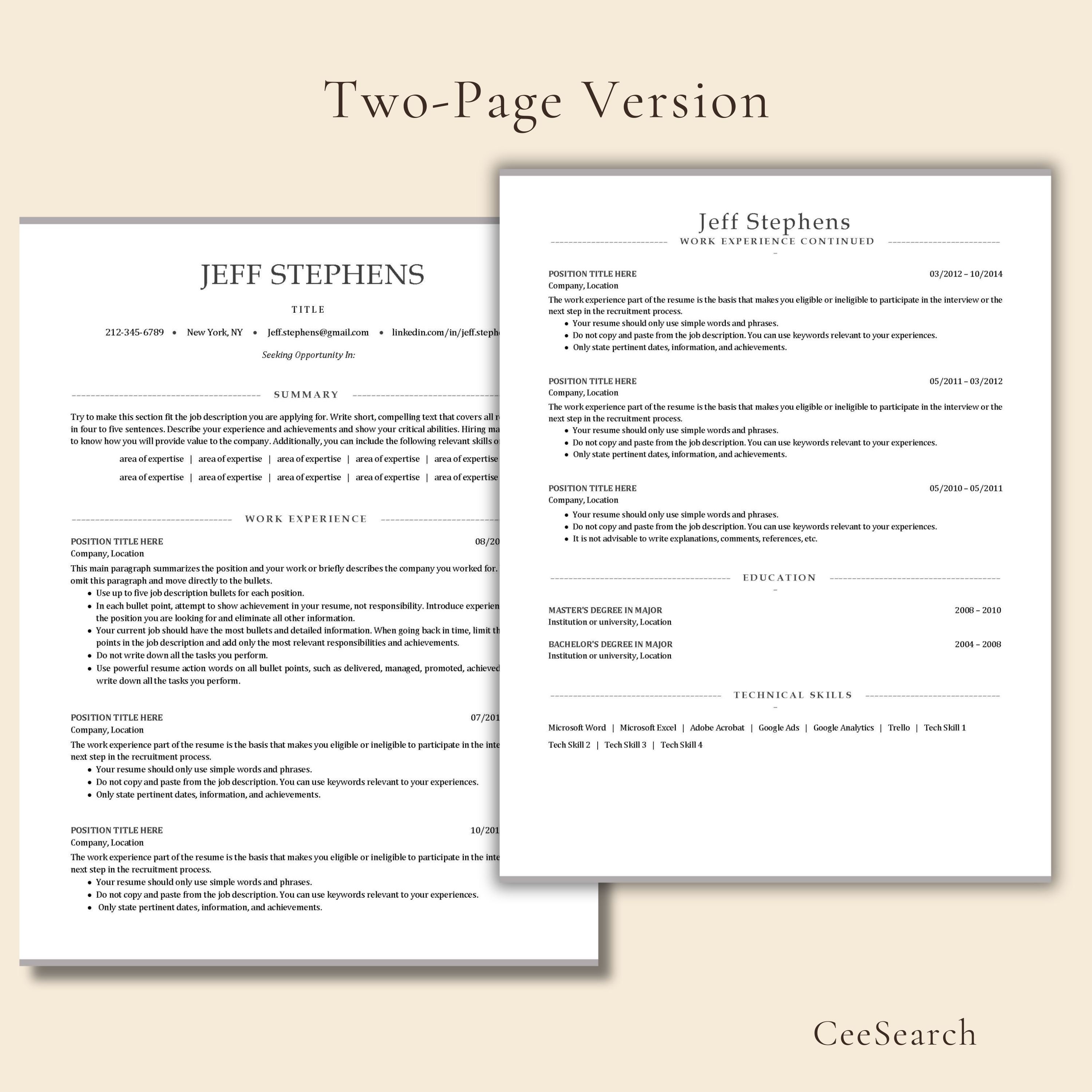 ATS Formatted Classic Resume Template 1 2 Page Versions With Cover ATS Formatted Classic Resume Template 1 2 Page Versions With Cover
