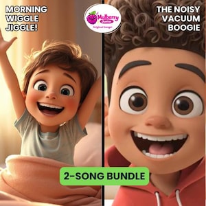 Puede incluir: Una ilustración digital con dos personajes animados con el texto MORNING WIGGLE JIGGLE! y THE NOISY VACUUM BOOGIE. Un logotipo de Mulberry Junior está centrado arriba y una pancarta verde en la parte inferior dice 2-SONG BUNDLE.