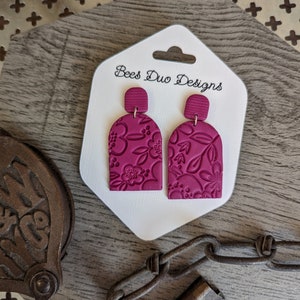 Burgundy Floral Stamped Polymer Clay Earrings