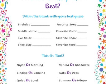 Who knows the birthday girl the best | Birthday Game | Digital Print