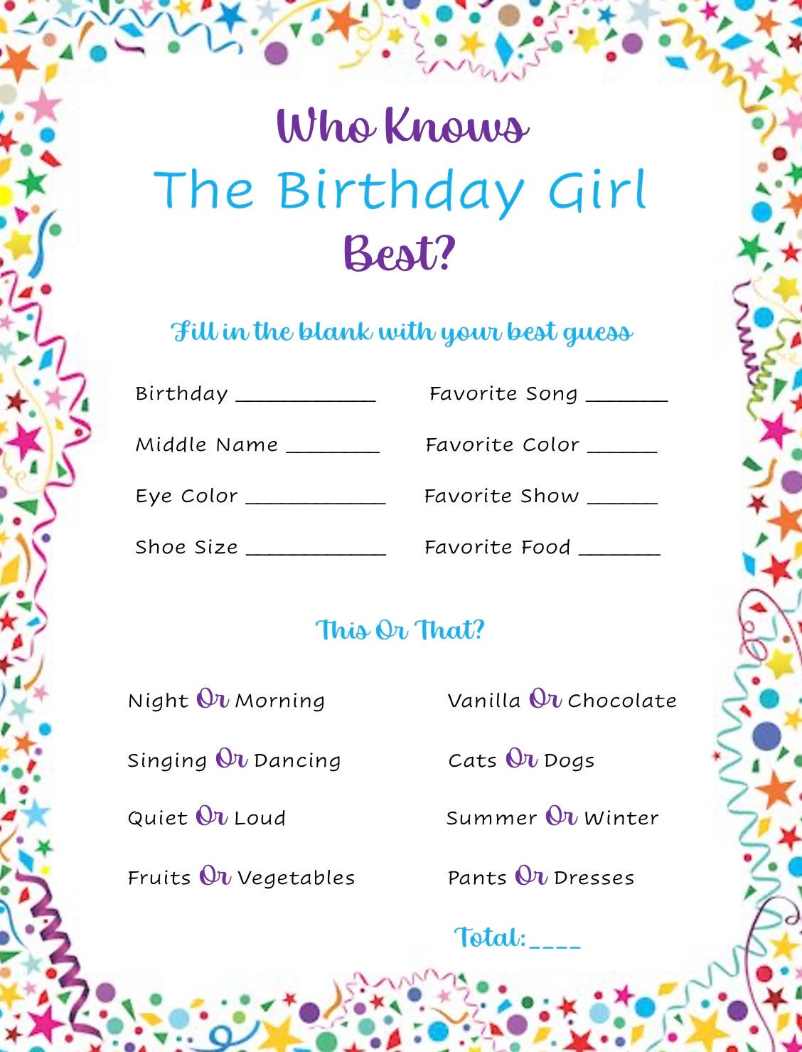 Who Knows the Birthday Girl the Best Birthday Game Digital Print - Etsy