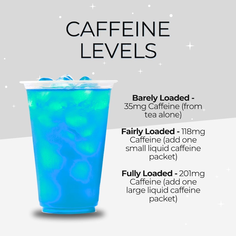 Puede incluir: Un vaso de pl&aacute;stico transparente lleno de una bebida helada de color azul brillante y cubitos de hielo. El texto dice: CAFFEINE LEVELS, Barely Loaded - 35mg Caffeine (from tea alone), Fairly Loaded - 118mg Caffeine (add one small liquid caffeine packet), Fully Loaded - 201mg.