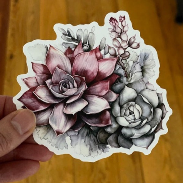 Succulent Sticker 4"x4" Tasteful Vinyl Sticker For Tea Cup Sticker For Water Bottle Gift For Her Floral Watercolor Artistic Pink Floral