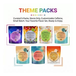 May include: An assortment of tea packs with colorful packaging. The text "THEME PACKS" is at the top. The packs are labeled with flavor names like "Very Berry" and "Margarita Pack". The packaging includes text such as "sugar free loaded tea packs".