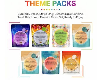 Packs temáticos de té con ingredientes variados – Endulzados solo con stevia – Opciones con cafeína – Elaborados en lotes pequeños – Sin taurina