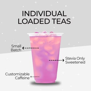 May include: A clear plastic cup filled with a pink beverage and ice cubes. The text "INDIVIDUAL LOADED TEAS" is at the top. Additional text indicates "Small Batch", "Customizable Caffeine", and "Stevia Only Sweetened".