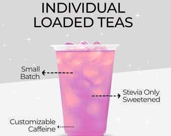 以下が含まれることがあります： ピンク色の氷入り飲料が入った透明なプラスチックカップ。テキストには「INDIVIDUAL LOADED TEAS」、「Small Batch」、「Stevia Only Sweetened」、「Customizable Caffeine」と書かれています。背景は小さな白い星が散りばめられたライトグレーです。